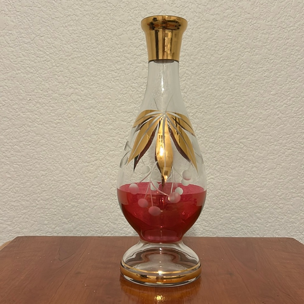 Elegant Bohemian Vintage Cherry Etched Gold And Red Decanter No Stopper Bud Vase